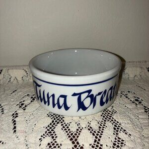 Tuna Breath Hand-Painted White and Cobalt Blue Stoneware Cat Food Dish Bowl 5"